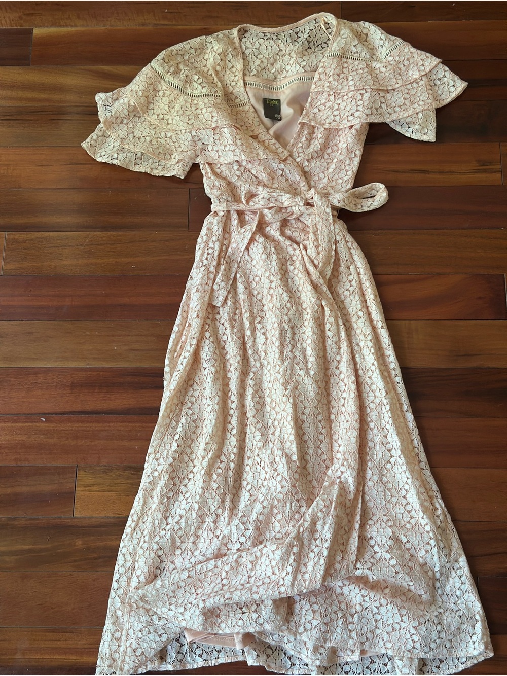 Tanya Taylor Lace Wrap Midi Dress in Blush Pink